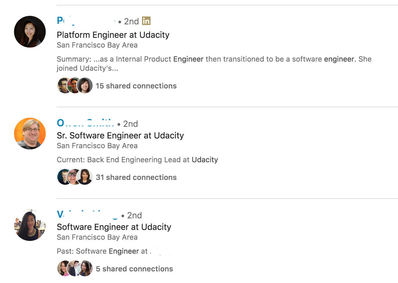 LinkedIn search results for "Udacity software engineer" (with some redacted information)